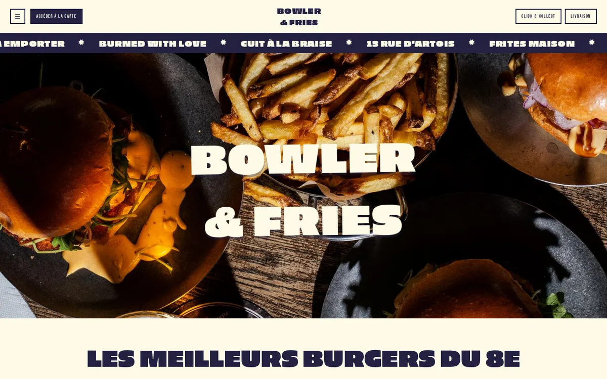 Page d'accueil du site de Bowler & Fries, burgers à Paris 8e