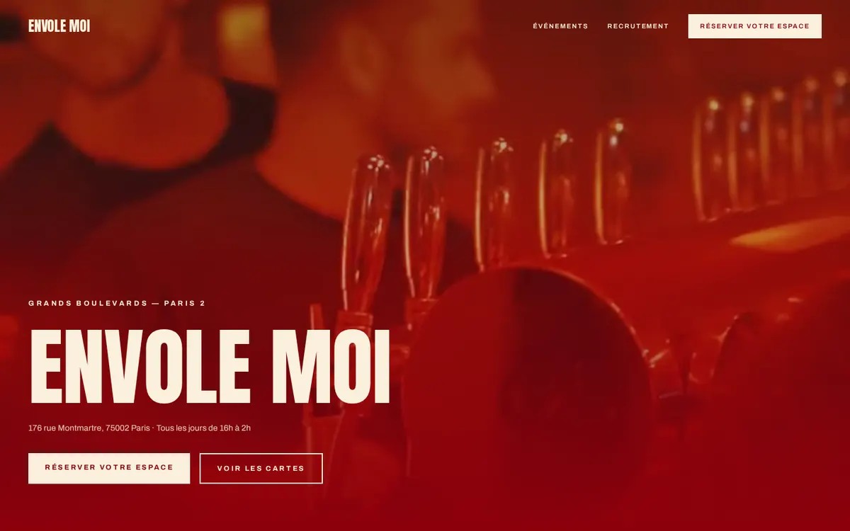 Page d'accueil du site d'Envole Moi, bar à Paris