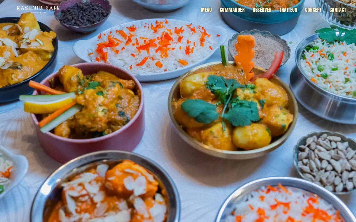 Page d'accueil du site de Kashmir Café, restaurant indien à Montreuil