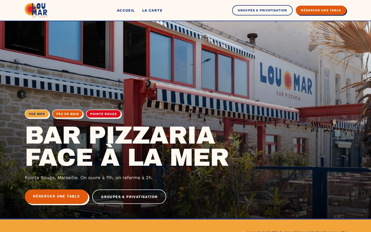 Page d'accueil du site de Lou Mar, bar pizzeria face à la mer à Marseille