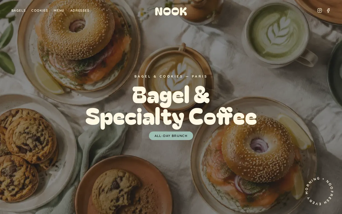 Page d'accueil du projet démo Nook, bagel et specialty coffee