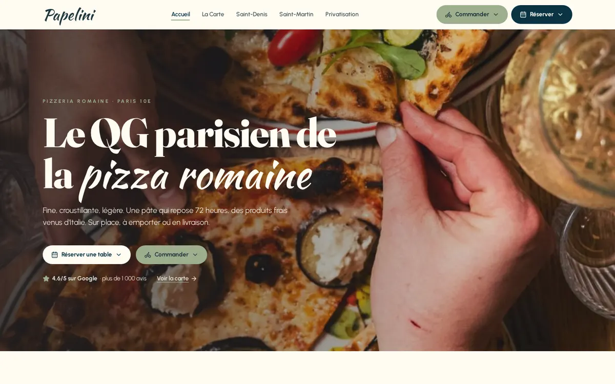 Page d'accueil du site de Papelini, pizzeria romaine à Paris 10e